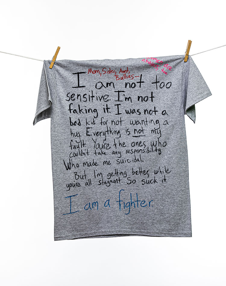 
								Mom, Sister, Aunt, Bullies--I am not too sensitive. I'm not faking it. I was not a bad kid for not wanting a hug. Everything is not my fault. You're the ones who couldn't take any responsibility who made me suicidal. But I'm getting better, while you're all stagnant. So sick it. I am a fighter.
								Women are abusers, too.
							